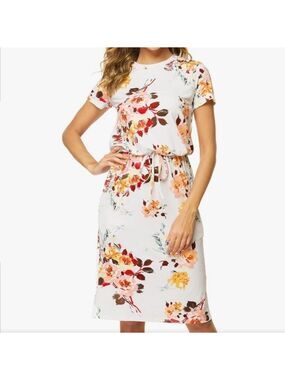 Simier Fariry Womens  Pockets  Midi Knee Length Dress Floral White  XL